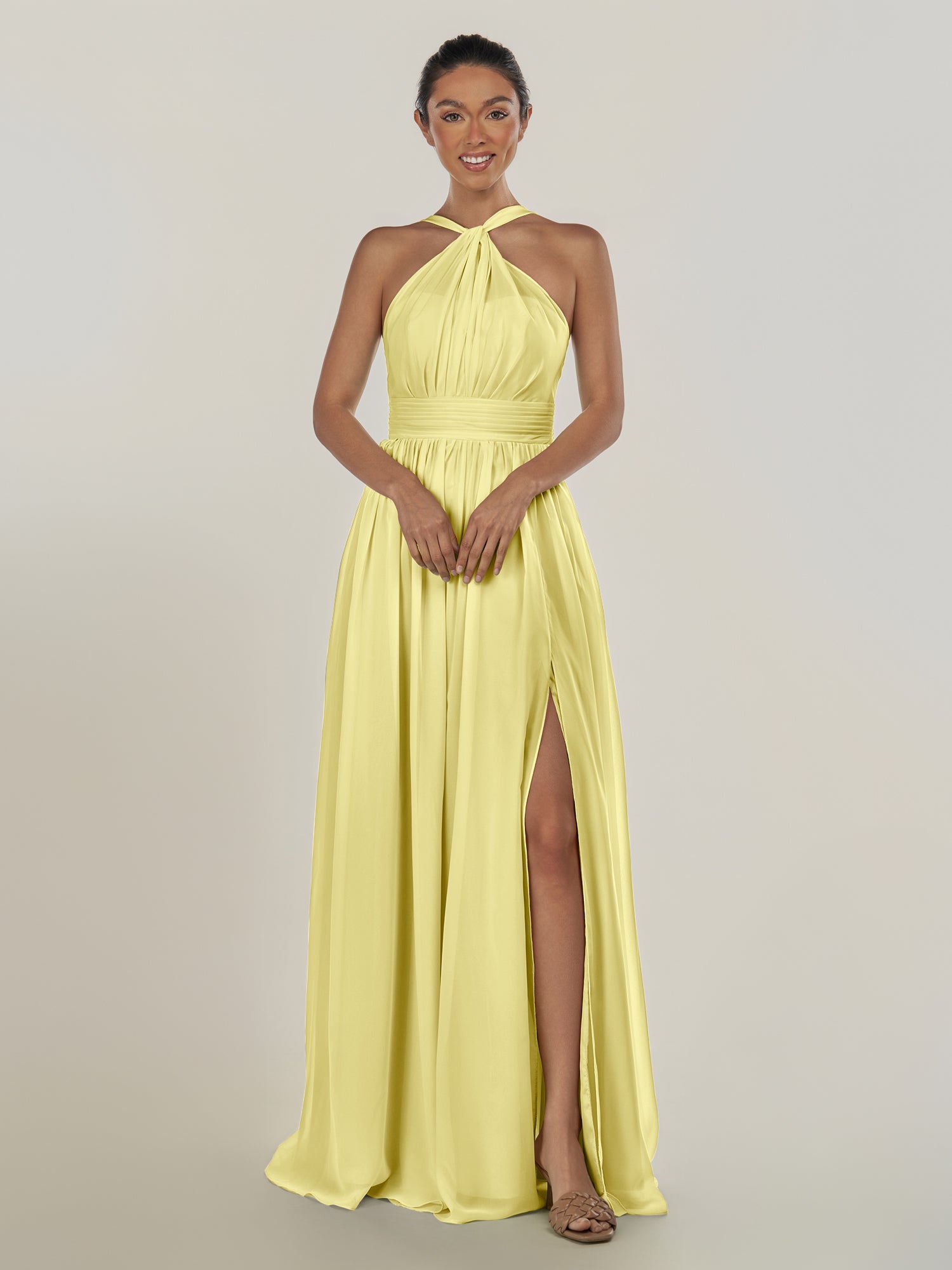 KissDress-Ciri Buttercup A Line Chiffon Halter Neck Pleated Long Bridesmaid Dress with Slit