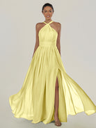 KissDress-Ciri Buttercup A Line Chiffon Halter Neck Pleated Long Bridesmaid Dress with Slit