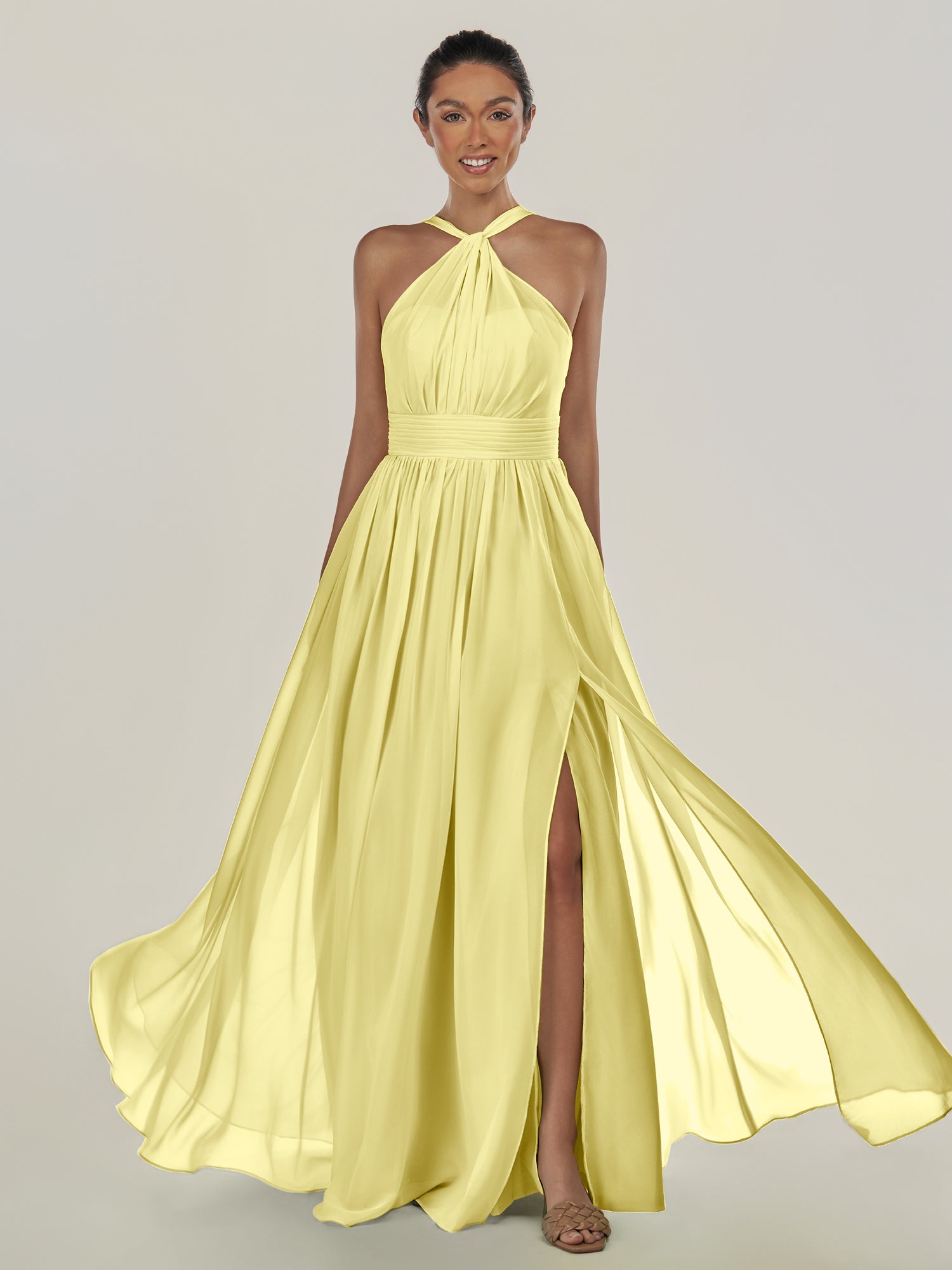 KissDress-Ciri Buttercup A Line Chiffon Halter Neck Pleated Long Bridesmaid Dress with Slit