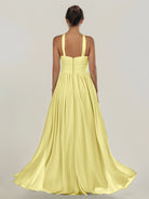 KissDress-Ciri Buttercup A Line Chiffon Halter Neck Pleated Long Bridesmaid Dress with Slit