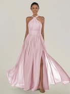 KissDress-Ciri Candy Pink A Line Chiffon Halter Neck Pleated Long Bridesmaid Dress with Slit