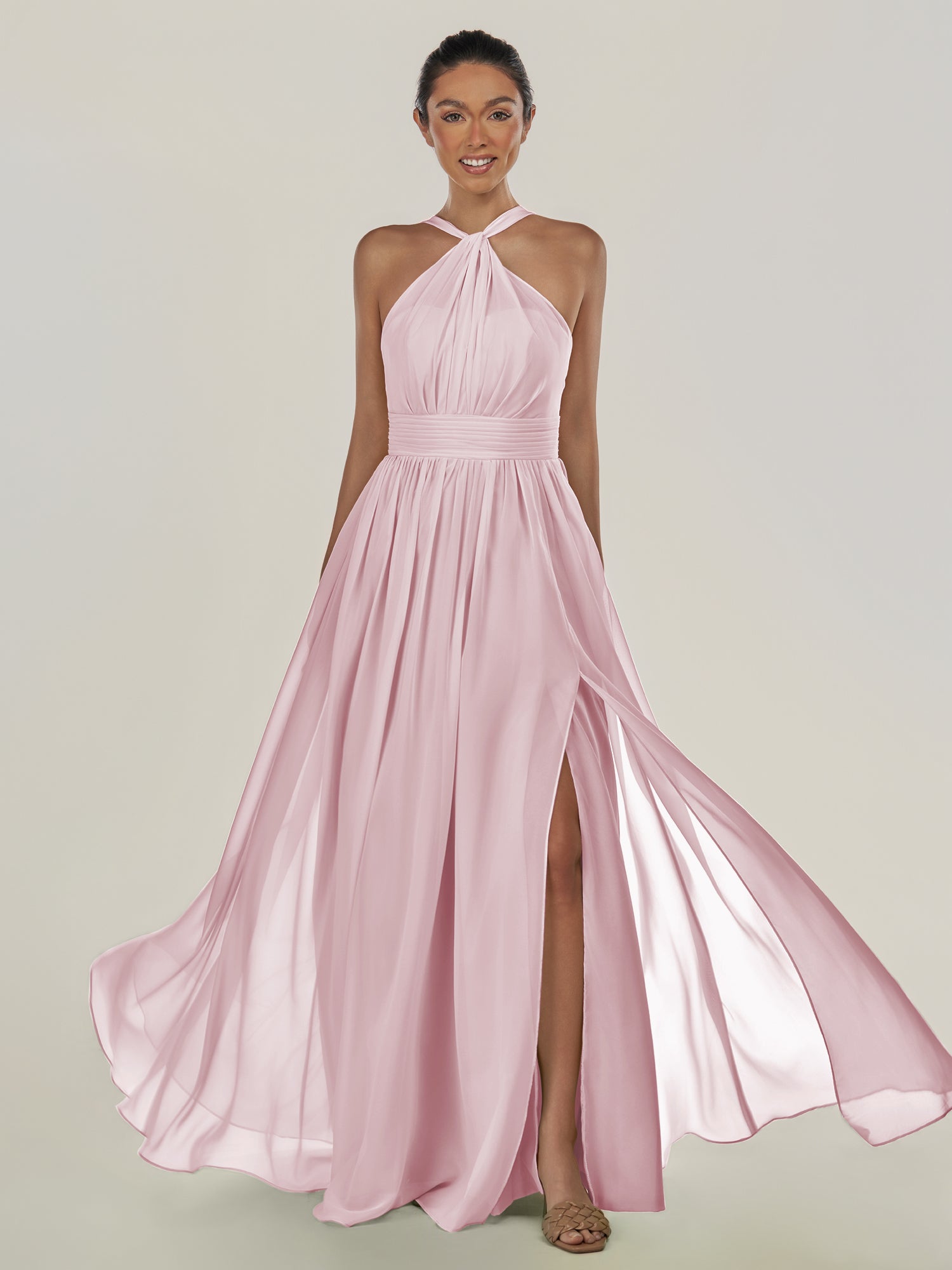 KissDress-Ciri Candy Pink A Line Chiffon Halter Neck Pleated Long Bridesmaid Dress with Slit
