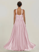 KissDress-Ciri Candy Pink A Line Chiffon Halter Neck Pleated Long Bridesmaid Dress with Slit
