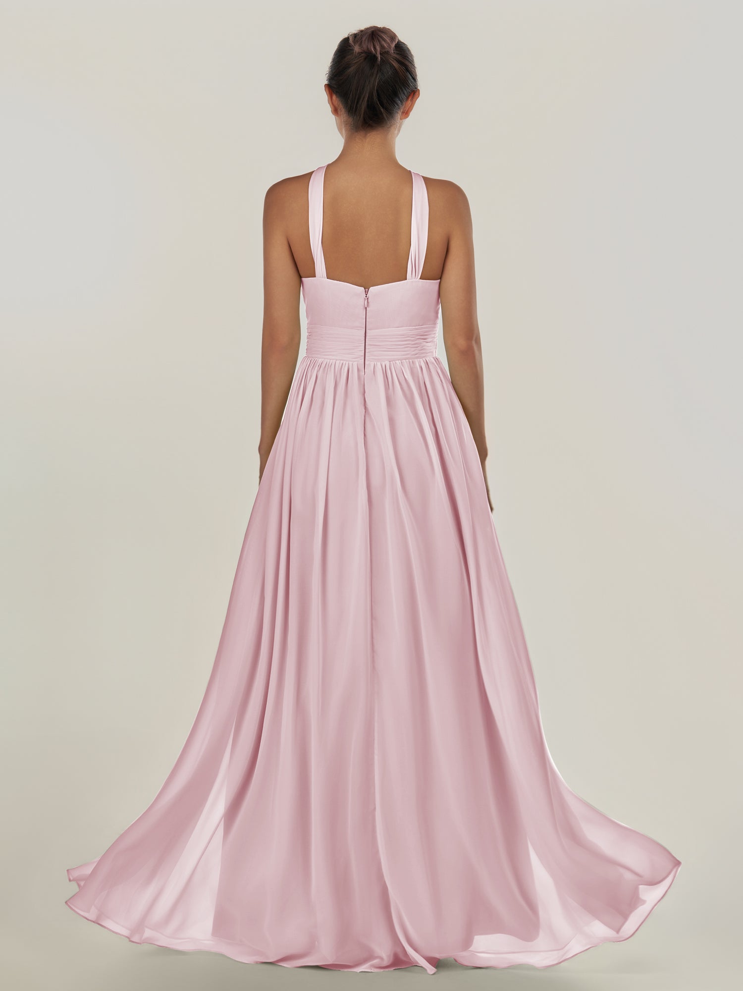 KissDress-Ciri Candy Pink A Line Chiffon Halter Neck Pleated Long Bridesmaid Dress with Slit
