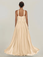 KissDress-Ciri Champagne A Line Chiffon Halter Neck Pleated Long Bridesmaid Dress with Slit