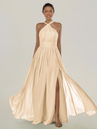 KissDress-Ciri Champagne A Line Chiffon Halter Neck Pleated Long Bridesmaid Dress with Slit