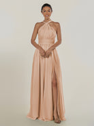 KissDress-Ciri Champagne Rose A Line Chiffon Halter Neck Pleated Long Bridesmaid Dress with Slit