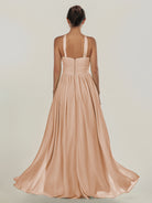 KissDress-Ciri Champagne Rose A Line Chiffon Halter Neck Pleated Long Bridesmaid Dress with Slit