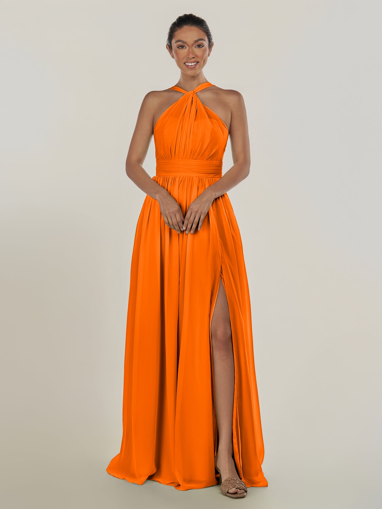 KissDress-Ciri Cinnamon A Line Chiffon Halter Neck Pleated Long Bridesmaid Dress with Slit