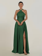 KissDress-Ciri Dark Green A Line Chiffon Halter Neck Pleated Long Bridesmaid Dress with Slit