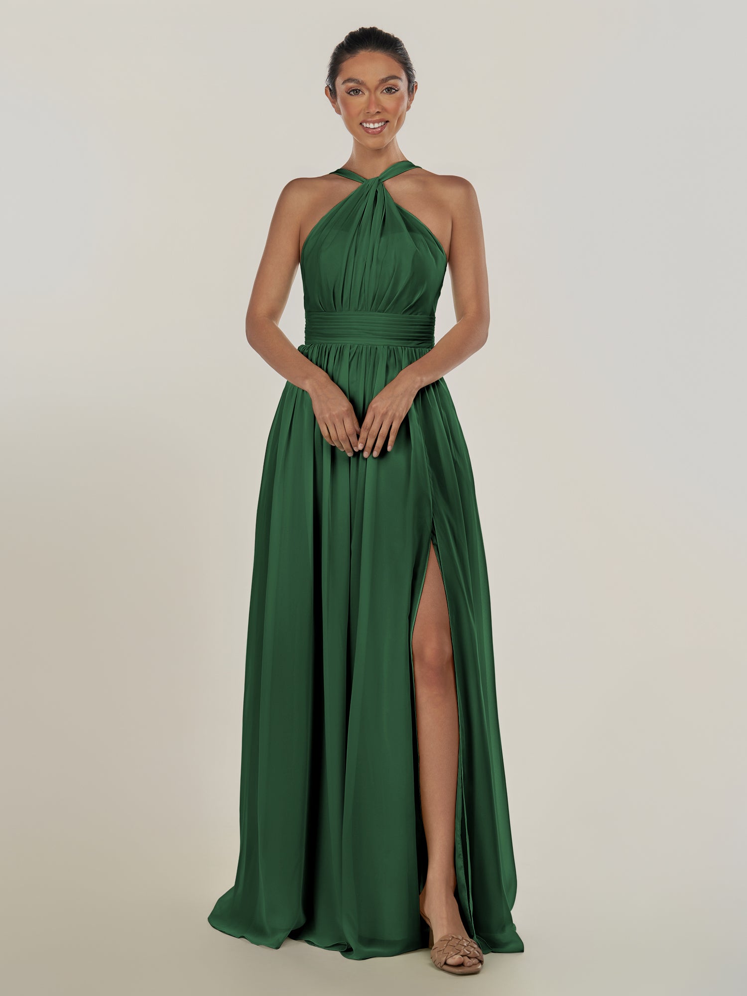 KissDress-Ciri Dark Green A Line Chiffon Halter Neck Pleated Long Bridesmaid Dress with Slit