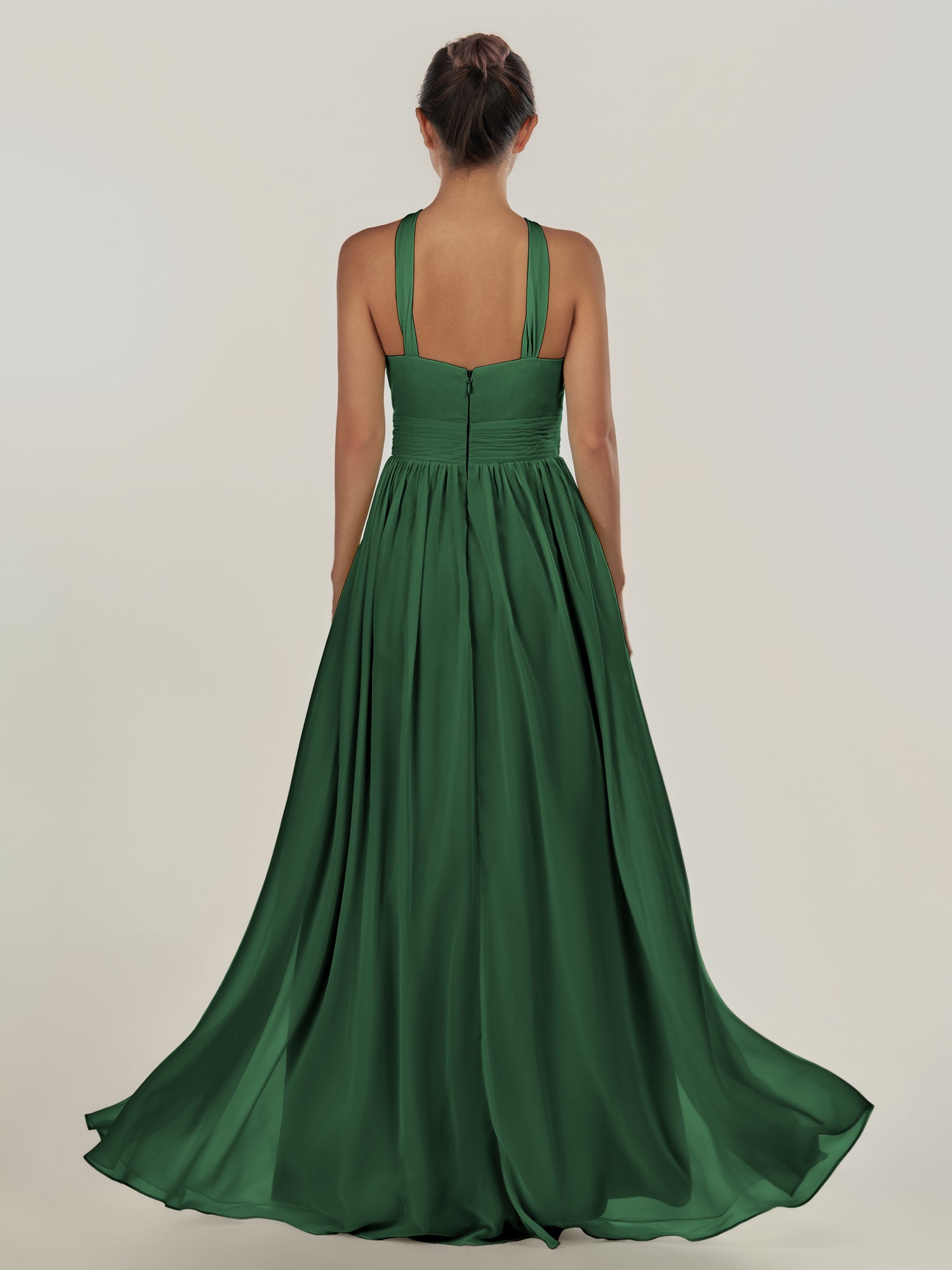 KissDress-Ciri Dark Green A Line Chiffon Halter Neck Pleated Long Bridesmaid Dress with Slit