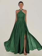 KissDress-Ciri Dark Green A Line Chiffon Halter Neck Pleated Long Bridesmaid Dress with Slit