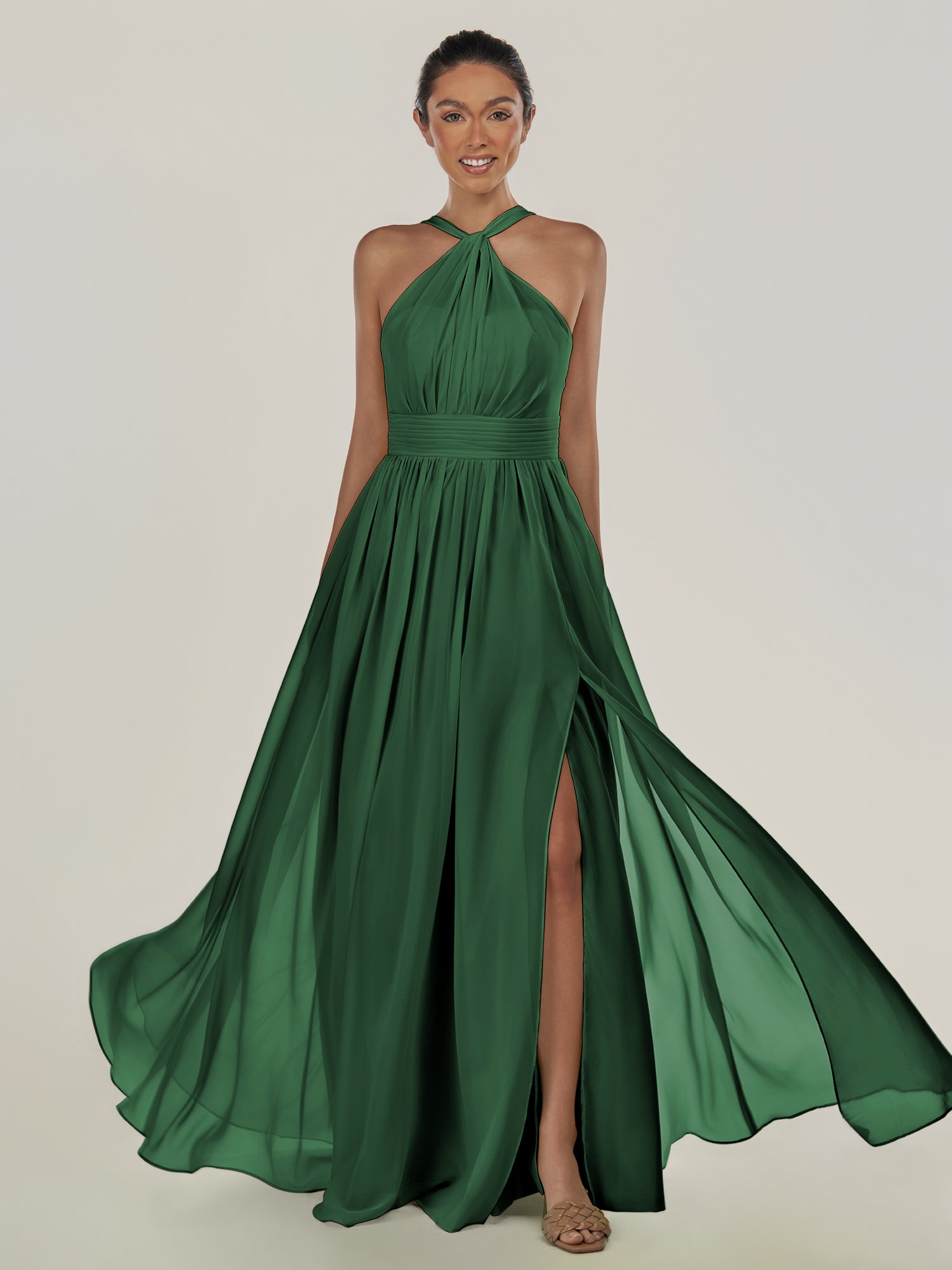 KissDress-Ciri Dark Green A Line Chiffon Halter Neck Pleated Long Bridesmaid Dress with Slit