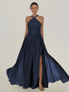 KissDress-Ciri Dark Navy A Line Chiffon Halter Neck Pleated Long Bridesmaid Dress with Slit