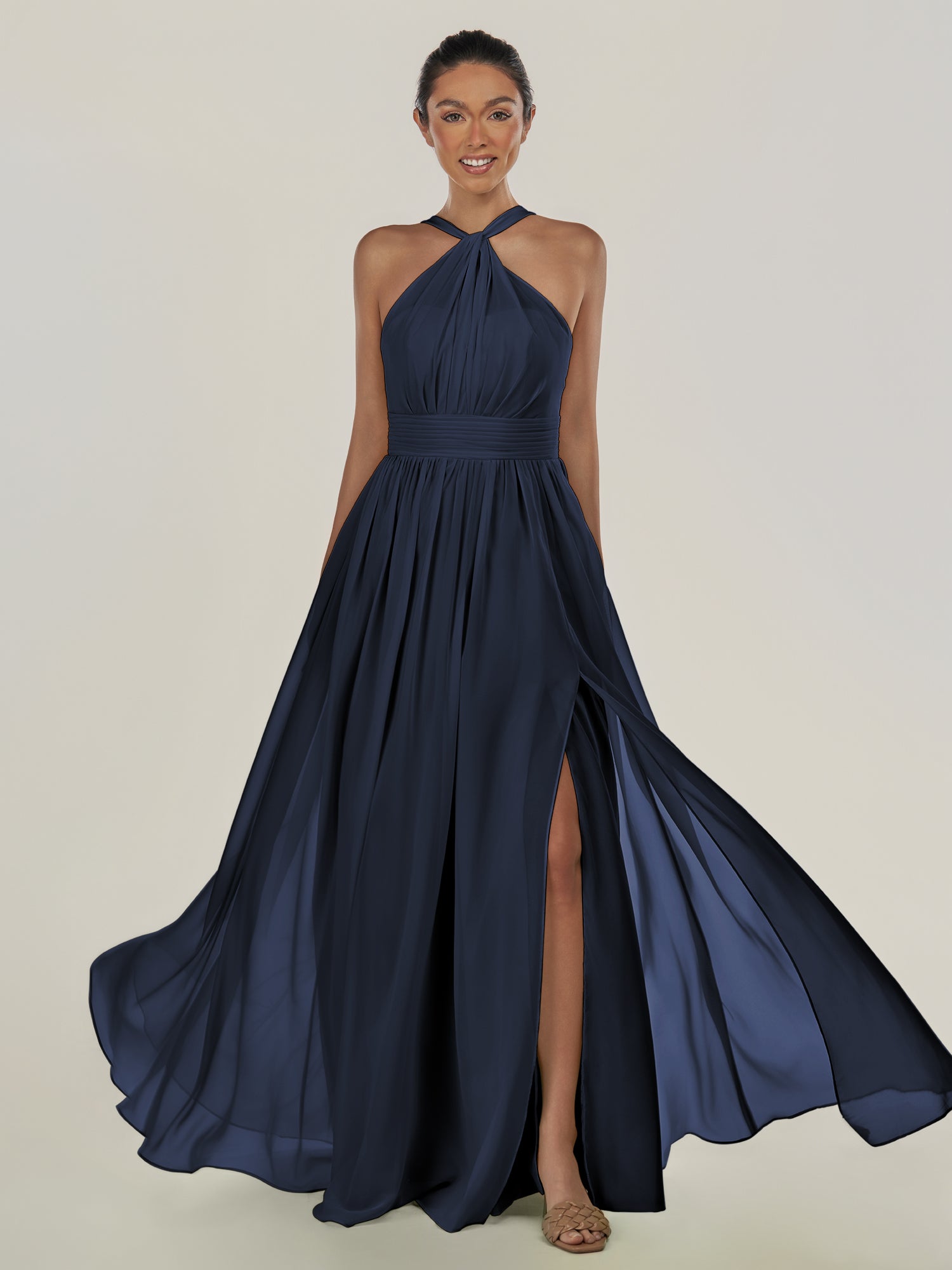 KissDress-Ciri Dark Navy A Line Chiffon Halter Neck Pleated Long Bridesmaid Dress with Slit
