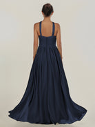 KissDress-Ciri Dark Navy A Line Chiffon Halter Neck Pleated Long Bridesmaid Dress with Slit