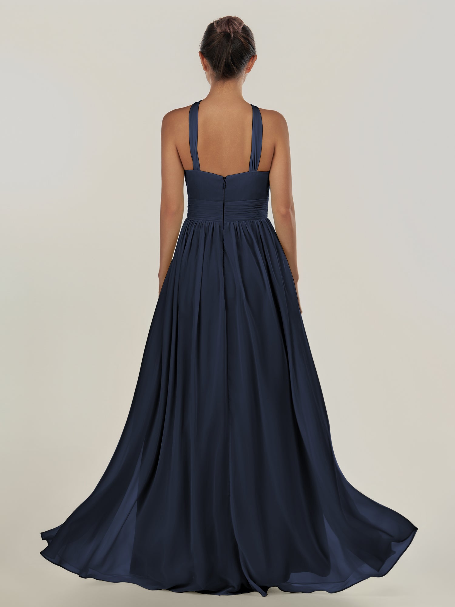 KissDress-Ciri Dark Navy A Line Chiffon Halter Neck Pleated Long Bridesmaid Dress with Slit
