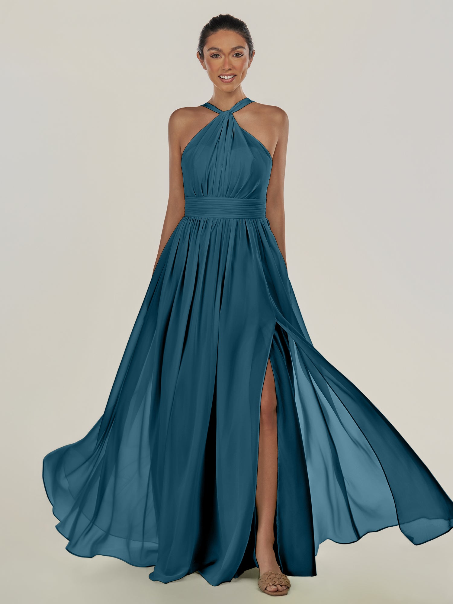 KissDress-Ciri Dark Teal A Line Chiffon Halter Neck Pleated Long Bridesmaid Dress with Slit