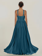 KissDress-Ciri Dark Teal A Line Chiffon Halter Neck Pleated Long Bridesmaid Dress with Slit