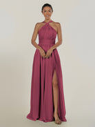 KissDress-Ciri Desert Rose A Line Chiffon Halter Neck Pleated Long Bridesmaid Dress with Slit