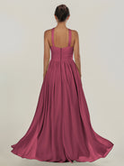 KissDress-Ciri Desert Rose A Line Chiffon Halter Neck Pleated Long Bridesmaid Dress with Slit