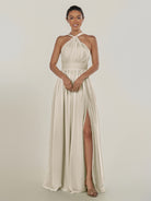 KissDress-Ciri Dove Gray A Line Chiffon Halter Neck Pleated Long Bridesmaid Dress with Slit
