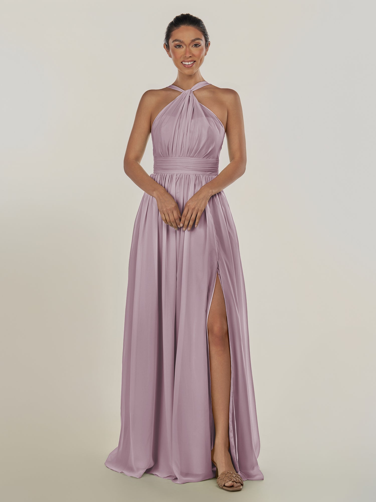 KissDress-Ciri Dusk A Line Chiffon Halter Neck Pleated Long Bridesmaid Dress with Slit