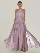 KissDress-Ciri Dusk A Line Chiffon Halter Neck Pleated Long Bridesmaid Dress with Slit