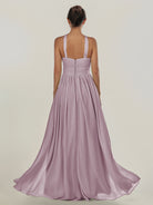 KissDress-Ciri Dusk A Line Chiffon Halter Neck Pleated Long Bridesmaid Dress with Slit