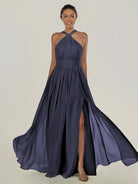 KissDress-Ciri Dusk Blue A Line Chiffon Halter Neck Pleated Long Bridesmaid Dress with Slit