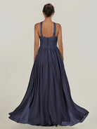 KissDress-Ciri Dusk Blue A Line Chiffon Halter Neck Pleated Long Bridesmaid Dress with Slit