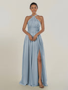 KissDress-Ciri Dusty Blue A Line Chiffon Halter Neck Pleated Long Bridesmaid Dress with Slit