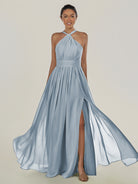 KissDress-Ciri Dusty Blue A Line Chiffon Halter Neck Pleated Long Bridesmaid Dress with Slit
