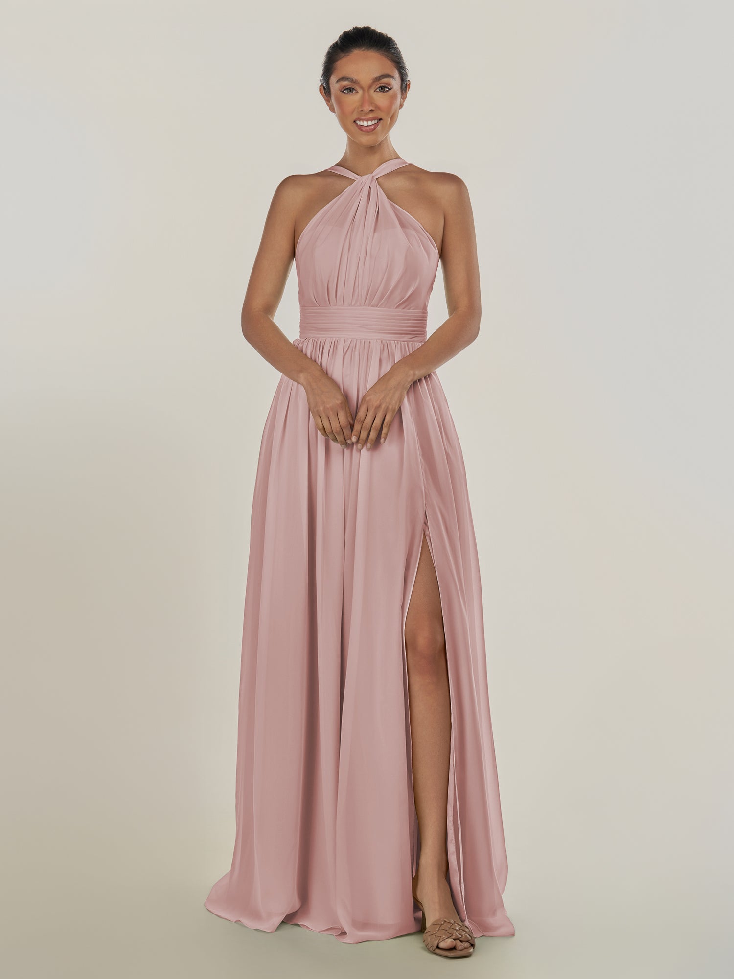 KissDress-Ciri Dusty Rose A Line Chiffon Halter Neck Pleated Long Bridesmaid Dress with Slit