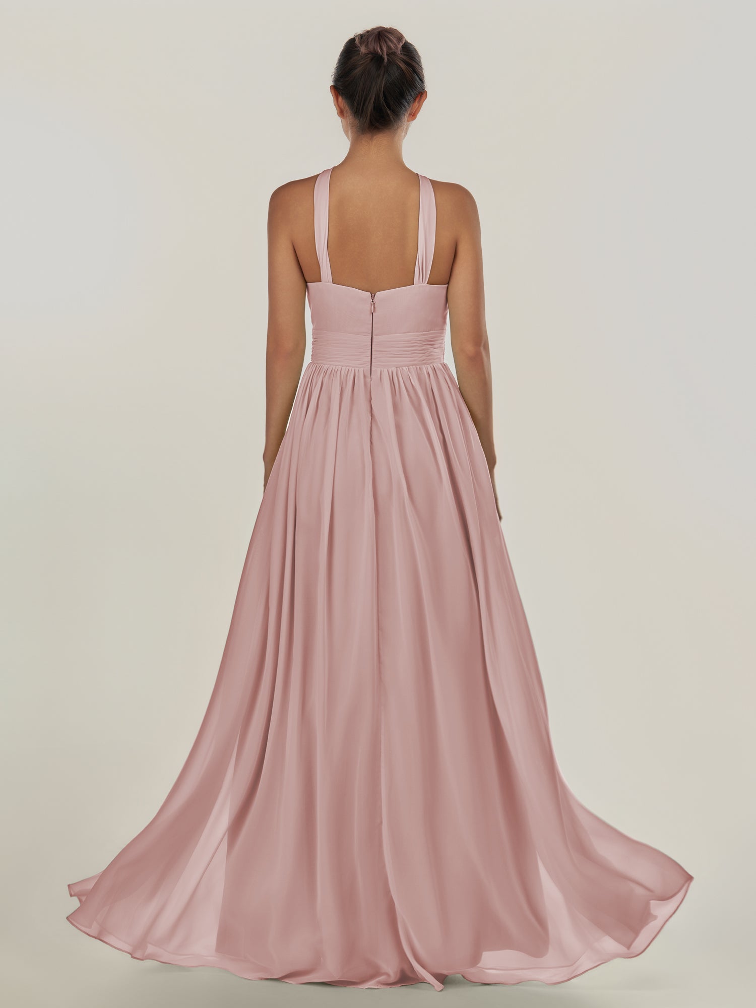 KissDress-Ciri Dusty Rose A Line Chiffon Halter Neck Pleated Long Bridesmaid Dress with Slit