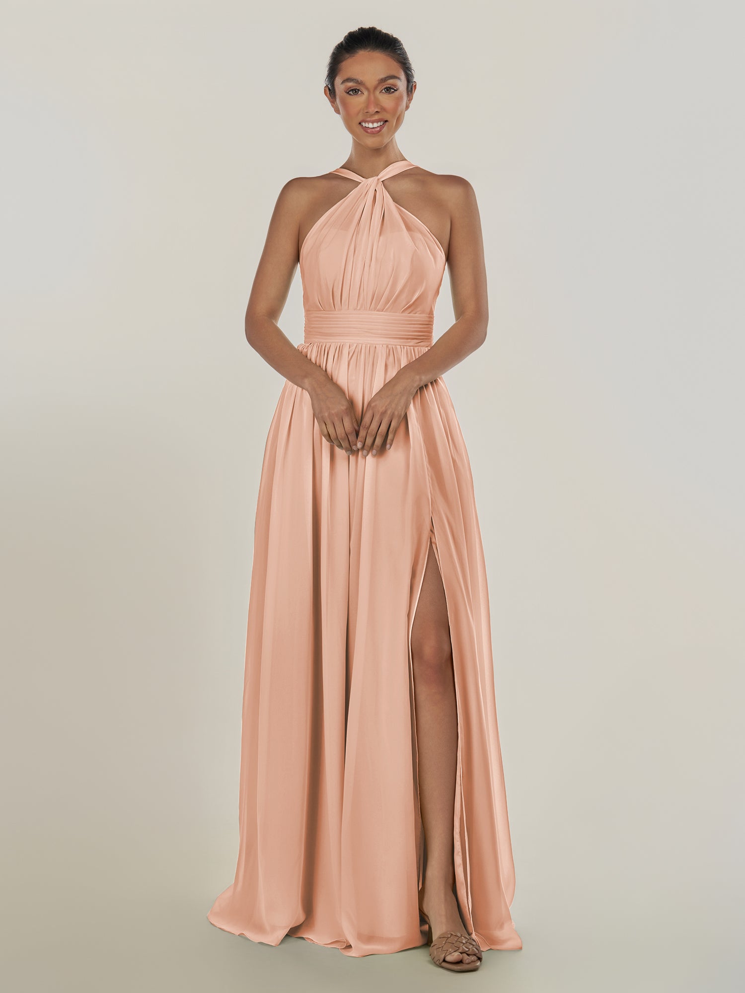 KissDress-Ciri English Rose A Line Chiffon Halter Neck Pleated Long Bridesmaid Dress with Slit
