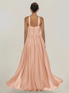 KissDress-Ciri English Rose A Line Chiffon Halter Neck Pleated Long Bridesmaid Dress with Slit