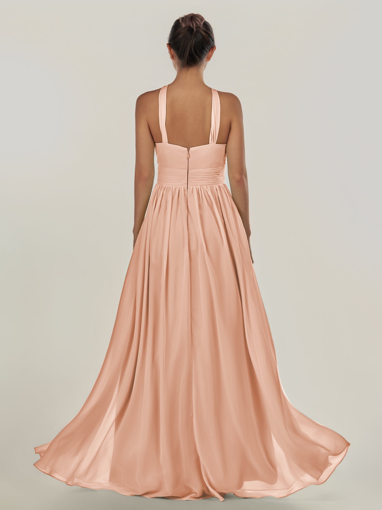 KissDress-Ciri English Rose A Line Chiffon Halter Neck Pleated Long Bridesmaid Dress with Slit