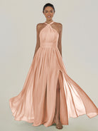 KissDress-Ciri English Rose A Line Chiffon Halter Neck Pleated Long Bridesmaid Dress with Slit