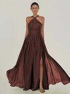 KissDress-Ciri Espresso A Line Chiffon Halter Neck Pleated Long Bridesmaid Dress with Slit