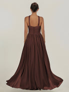KissDress-Ciri Espresso A Line Chiffon Halter Neck Pleated Long Bridesmaid Dress with Slit