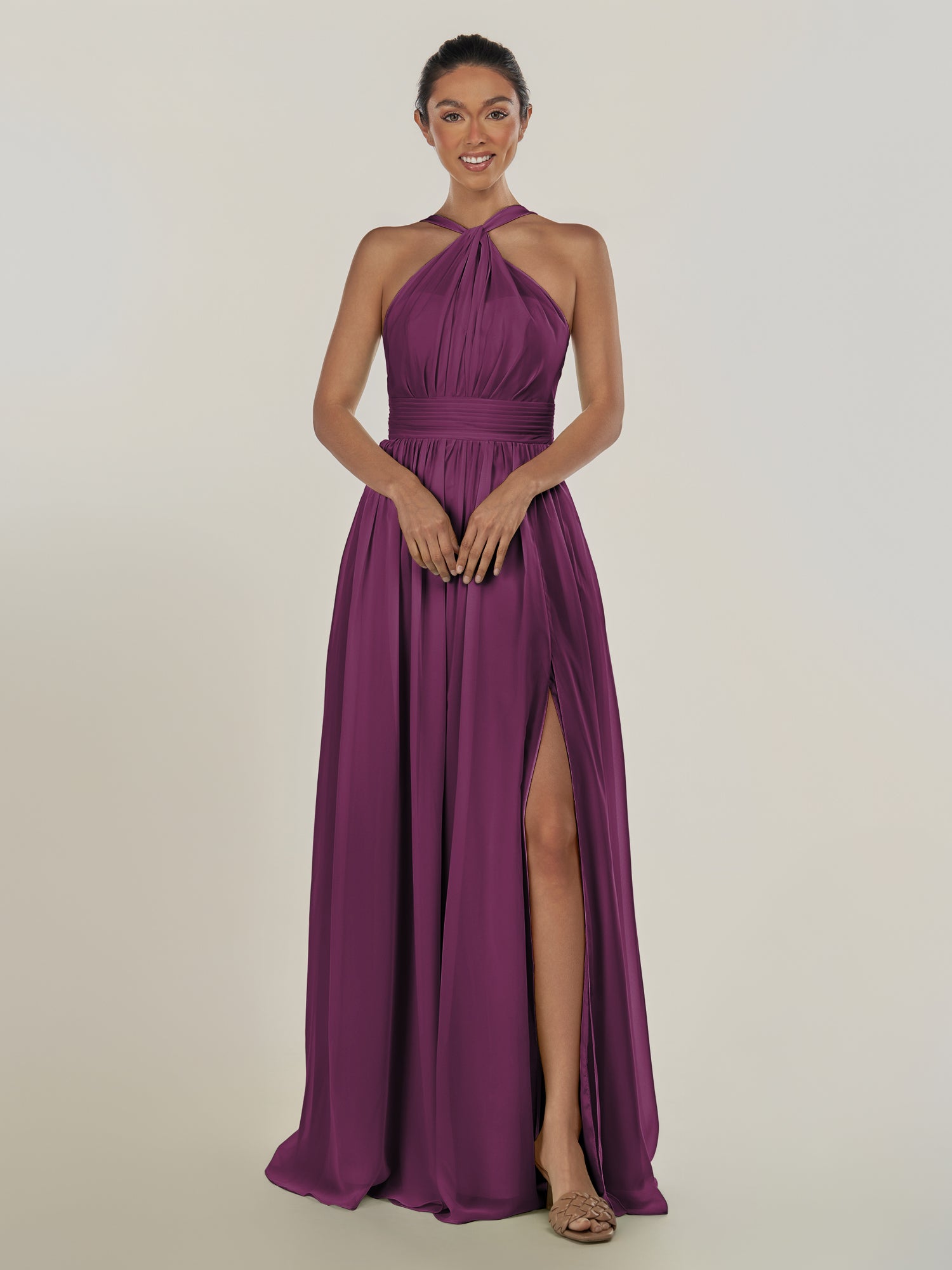 KissDress-Ciri Fig A Line Chiffon Halter Neck Pleated Long Bridesmaid Dress with Slit