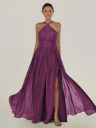 KissDress-Ciri Fig A Line Chiffon Halter Neck Pleated Long Bridesmaid Dress with Slit