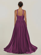 KissDress-Ciri Fig A Line Chiffon Halter Neck Pleated Long Bridesmaid Dress with Slit