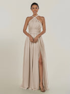 KissDress-Ciri Frost A Line Chiffon Halter Neck Pleated Long Bridesmaid Dress with Slit