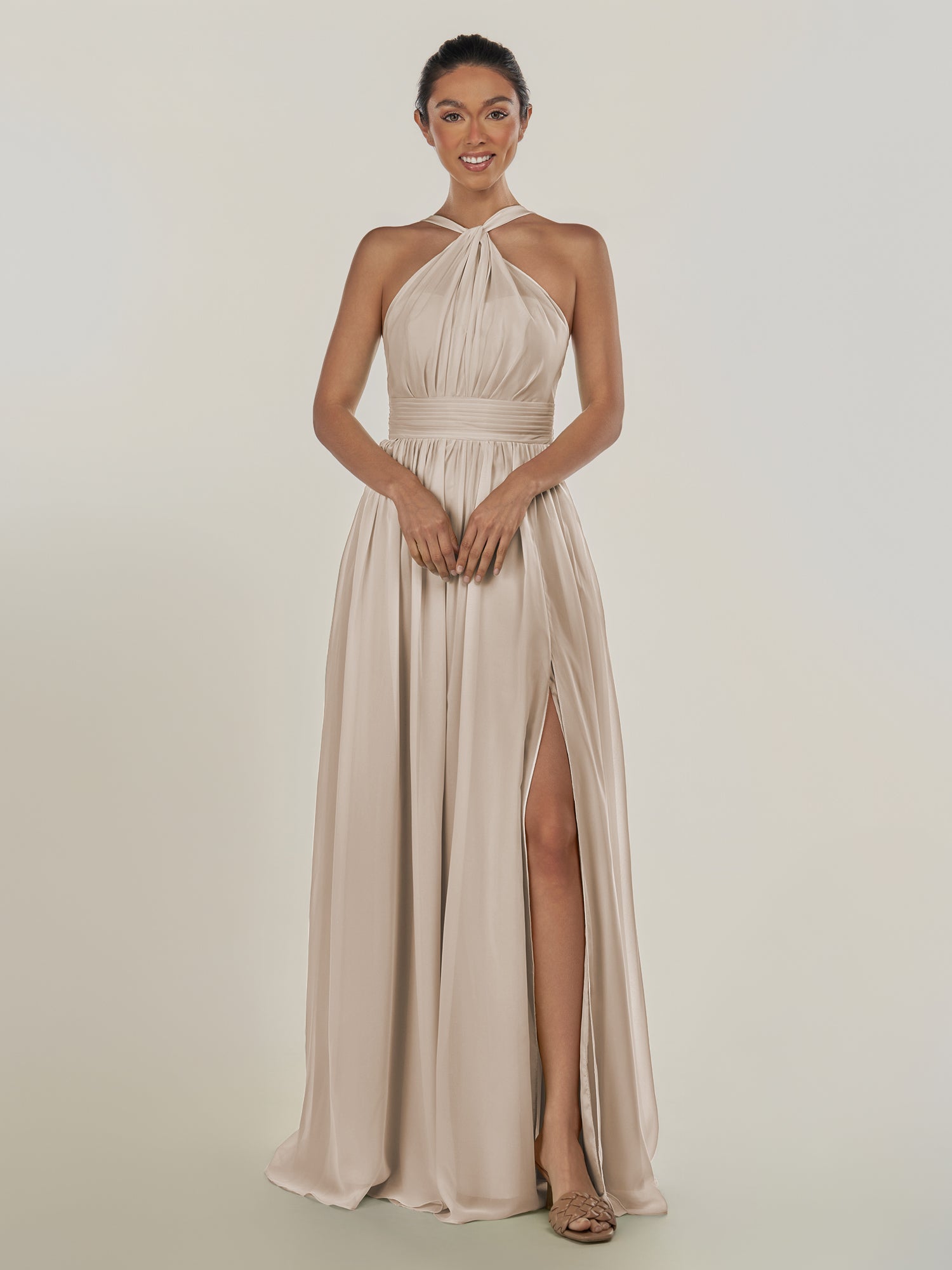 KissDress-Ciri Frost A Line Chiffon Halter Neck Pleated Long Bridesmaid Dress with Slit