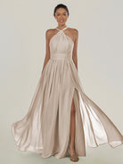 KissDress-Ciri Frost A Line Chiffon Halter Neck Pleated Long Bridesmaid Dress with Slit