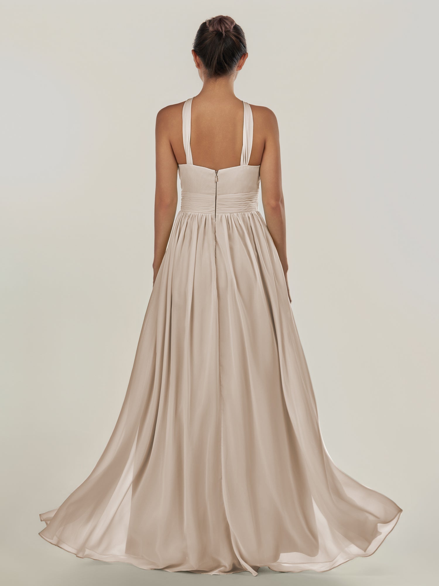 KissDress-Ciri Frost A Line Chiffon Halter Neck Pleated Long Bridesmaid Dress with Slit