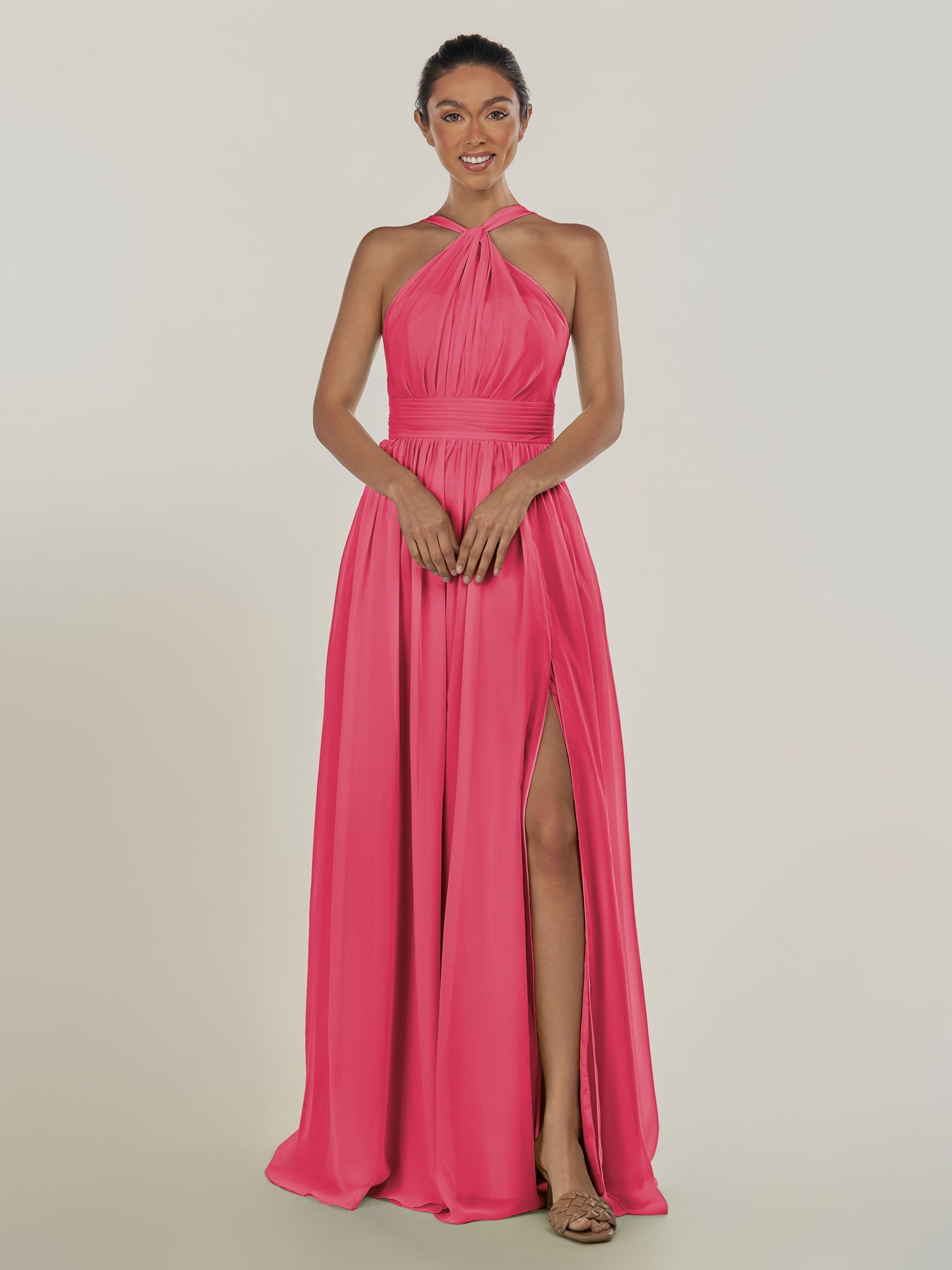 KissDress-Ciri Fuchsia A Line Chiffon Halter Neck Pleated Long Bridesmaid Dress with Slit
